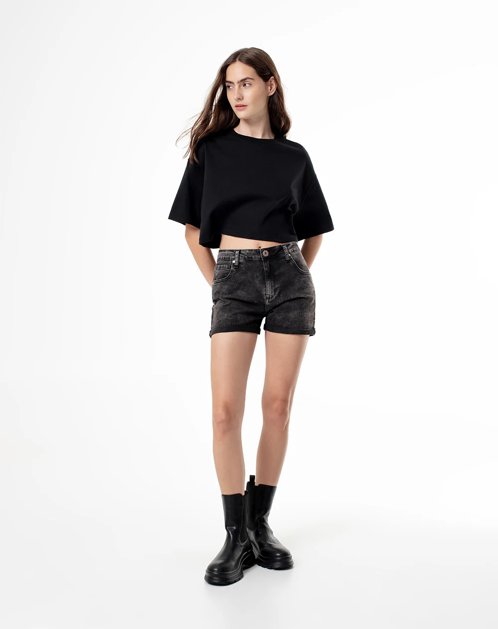 Short tiro medio denim gris mujer - Image 4