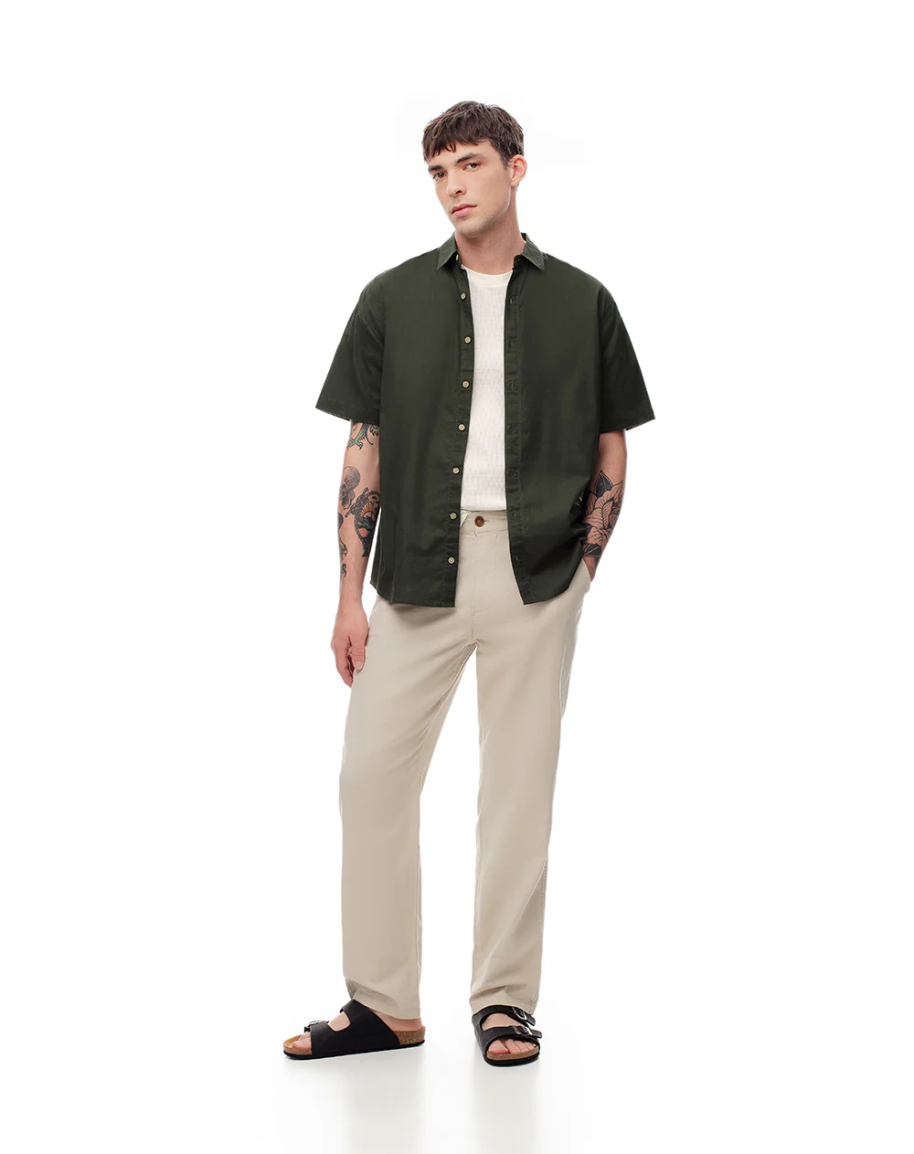 Camisa manga corta regular lino verde hombre - Image 3
