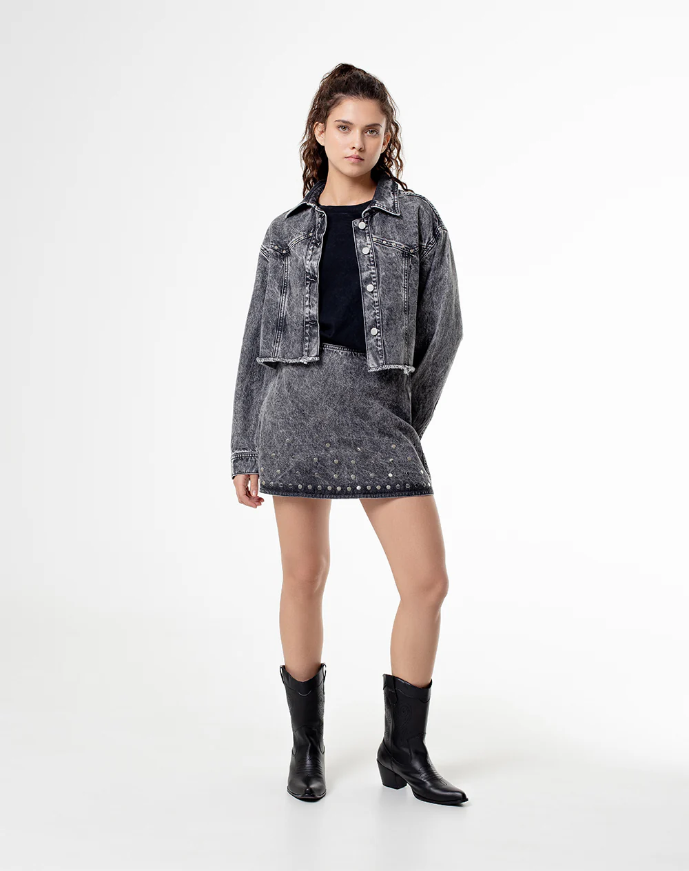 Falda tiro alto denim tachuelas gris mujer - Image 5