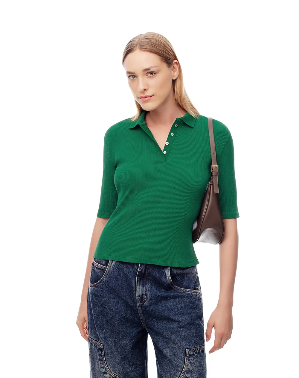 Polo slim tejido de punto algodón verde mujer