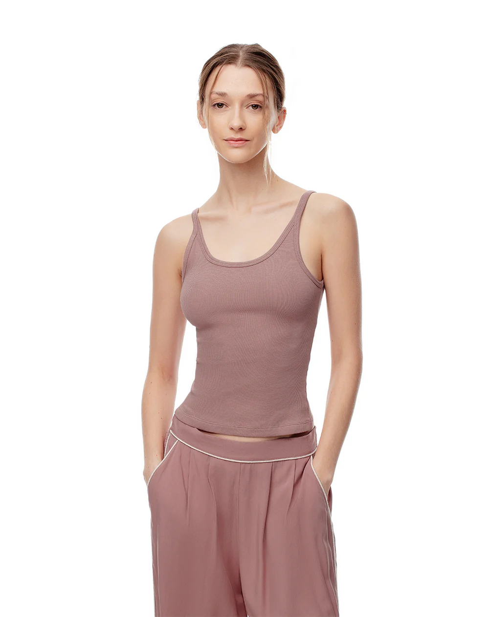Camiseta manga sisa slim rib algodón malva mujer