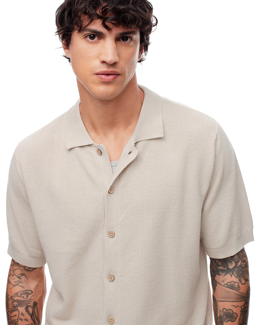 Camisa manga corta regular tejida algodón arena hombre - Image 3