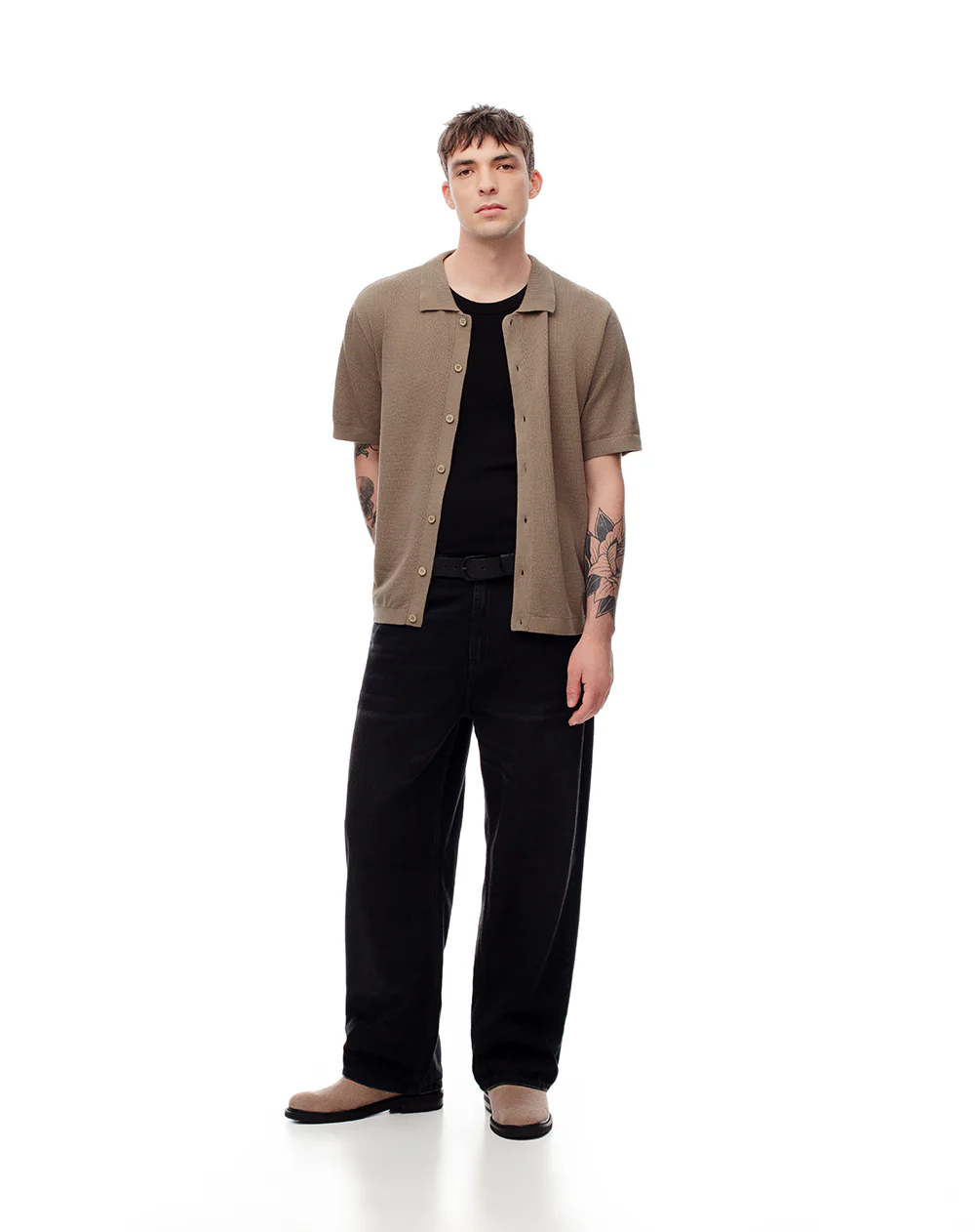 Camisa manga corta regular tejida algodón café hombre - Image 3