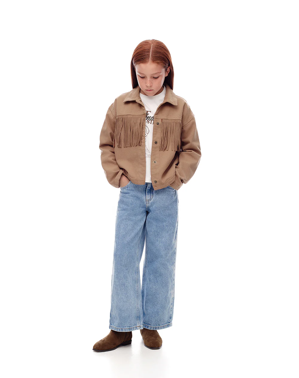 Chaqueta denim regular flecos café niña - Image 3