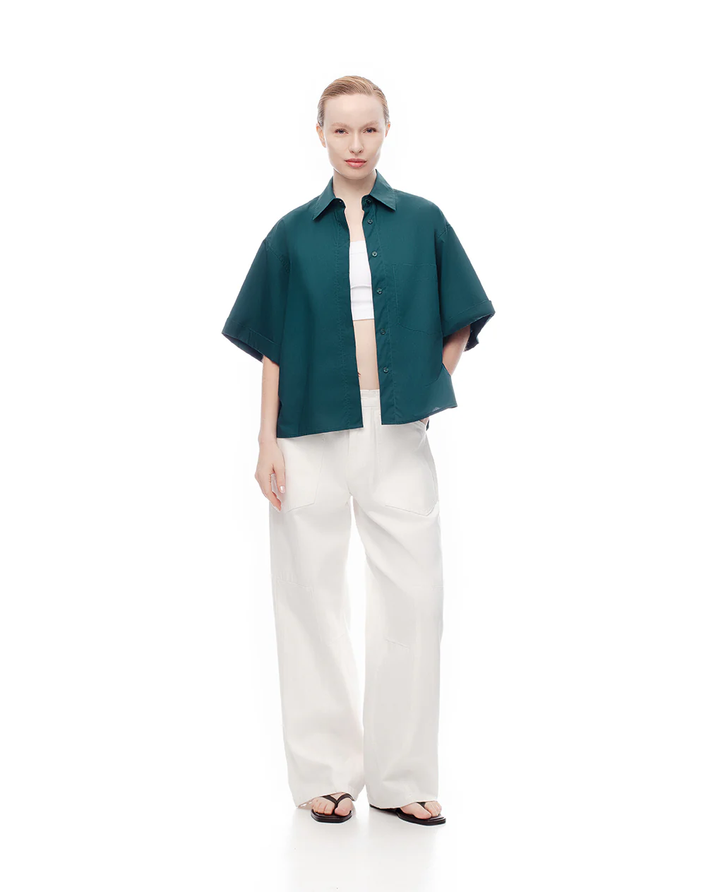 Camisa manga corta oversize algodón verde mujer - Image 4