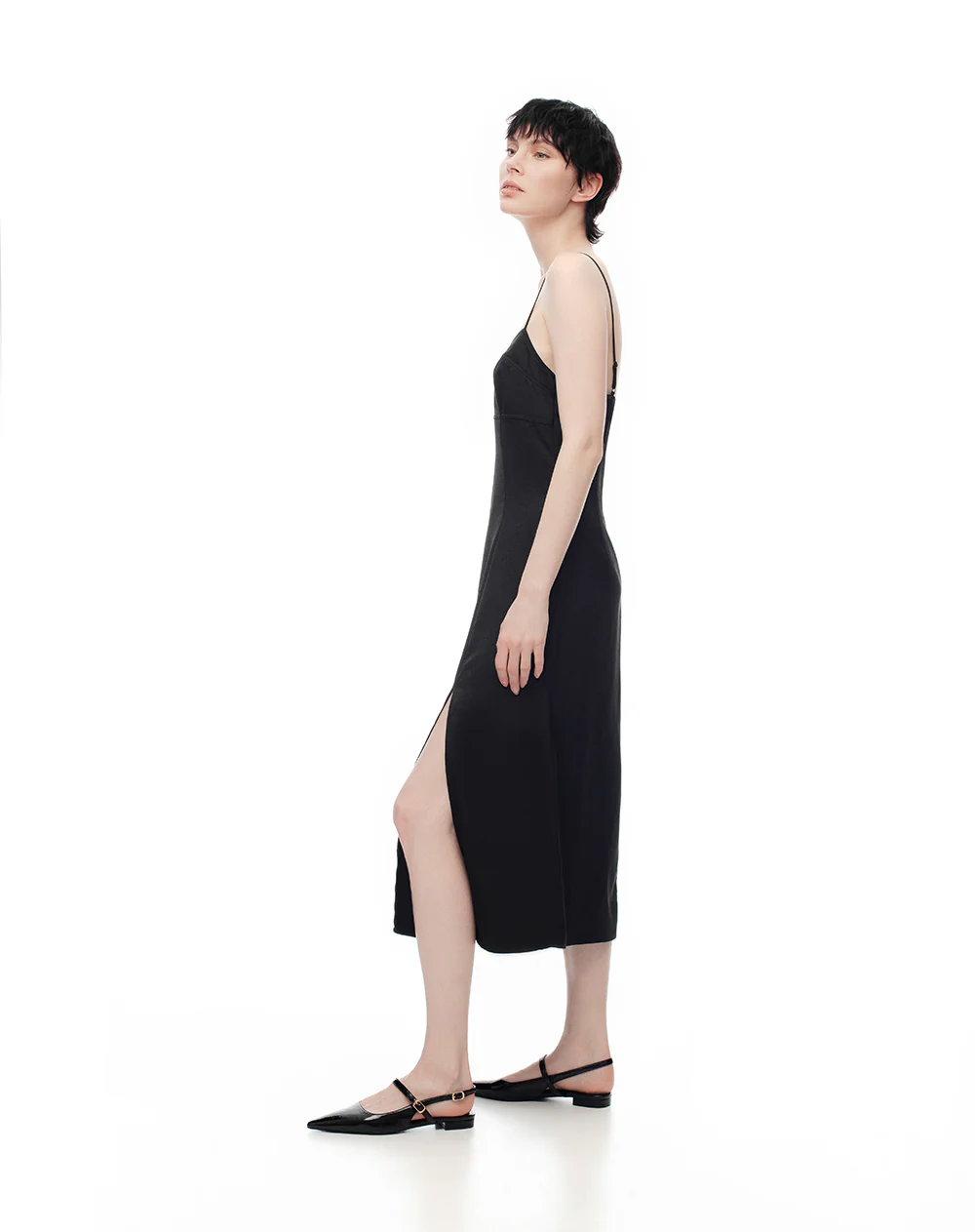 Vestido midi satinado negro mujer - Image 4