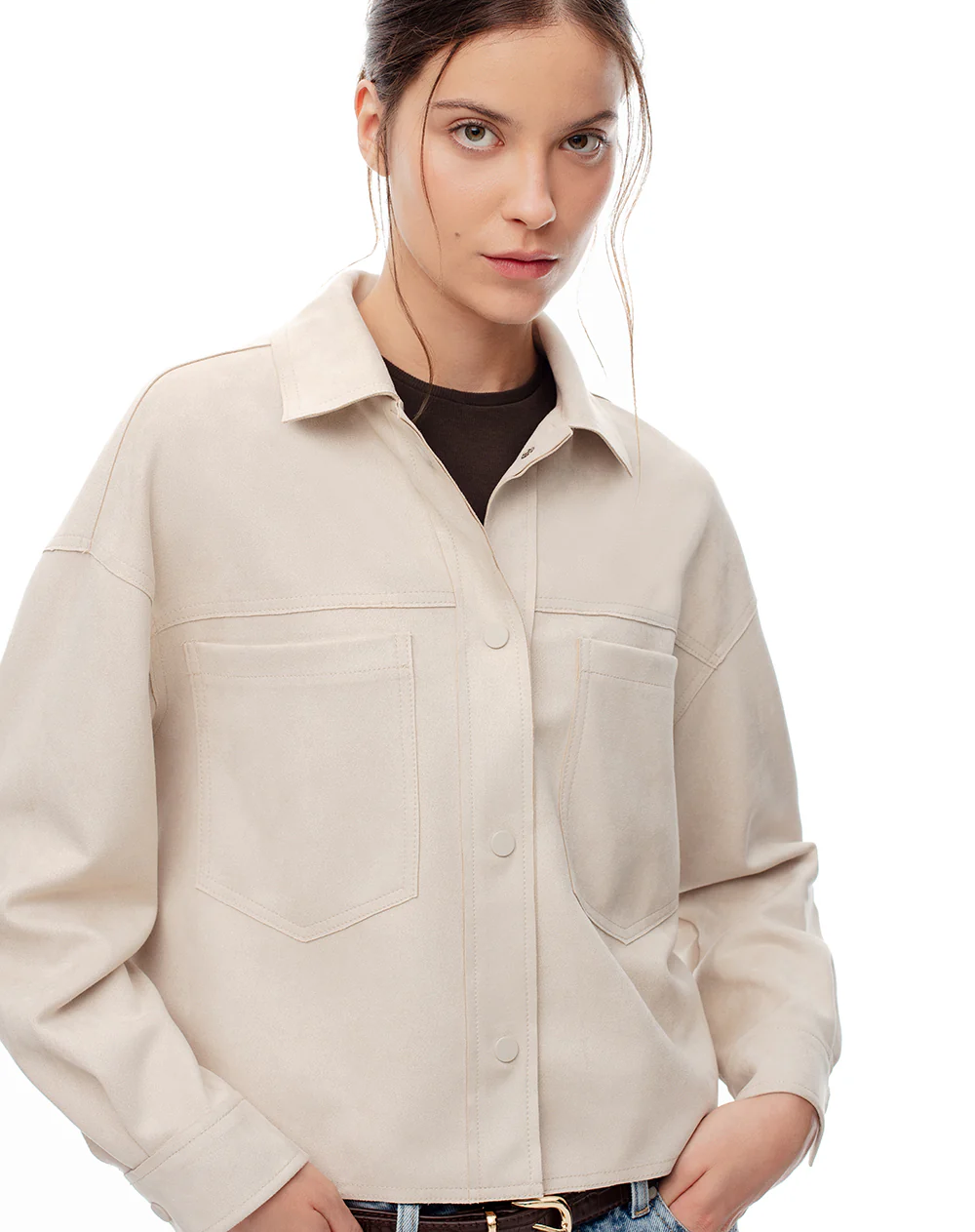 Chaqueta tejido suede arena mujer - Image 4