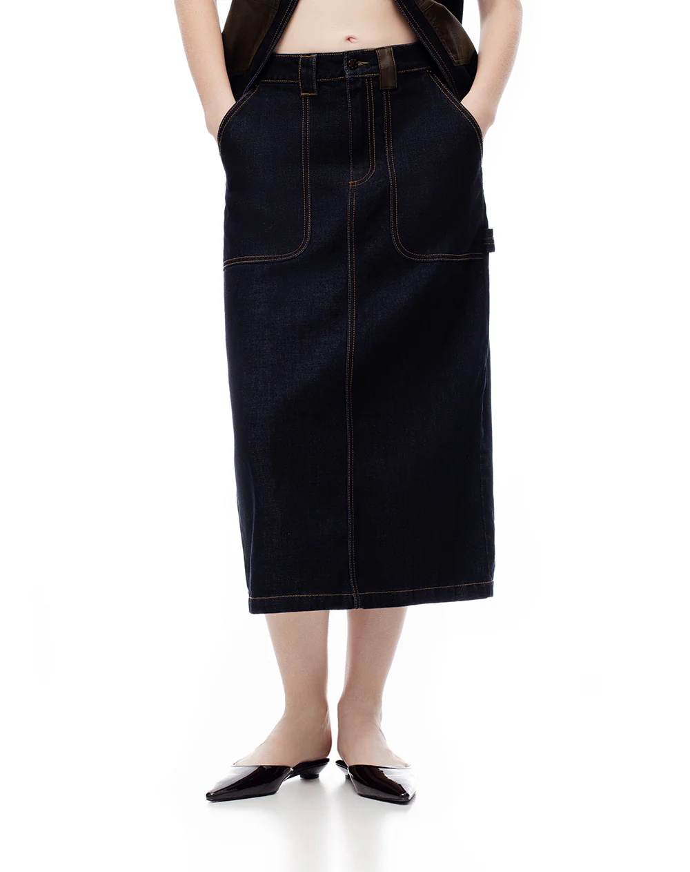 Falda midi denim tiro medio índigo oscuro mujer - Image 3