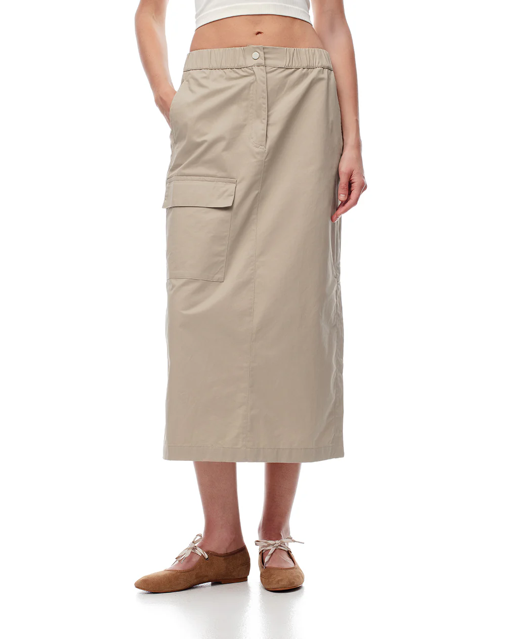 Falda midi tiro medio algodón caqui mujer - Image 3
