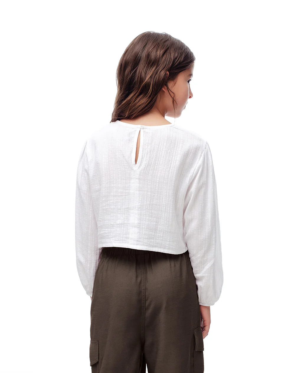 Blusa crop manga larga algodón blanco niña - Image 2